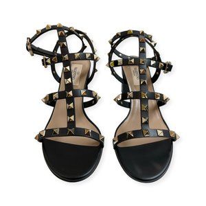 Valentino Garavani Rockstud Calfskin Ankle Strap Sandals 60MM, Black, Size 36